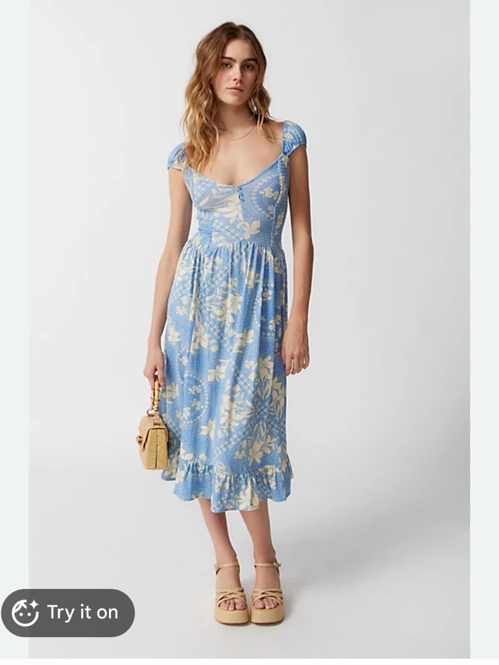 Urban Outfitters Blue and Cream Floral Mid Dress size large